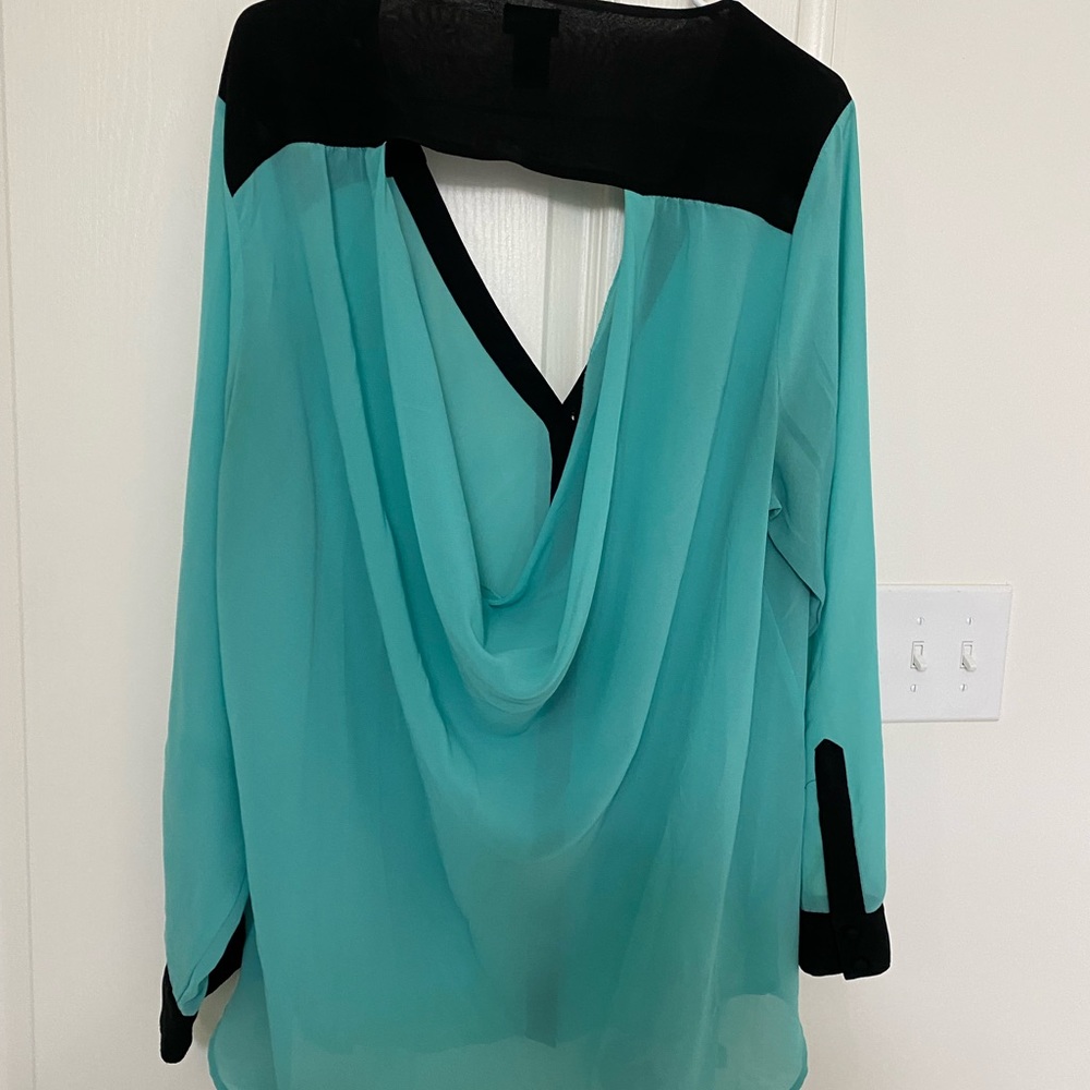light blue and black blouse